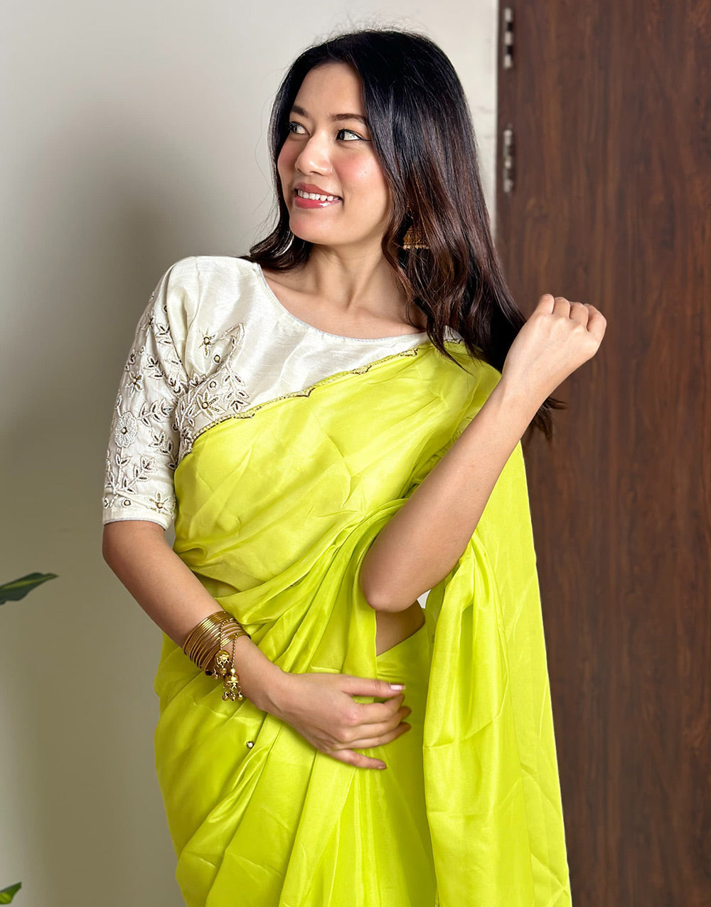 Chartreuse Yellow Soft Organza Saree With Hand Work On Blouse