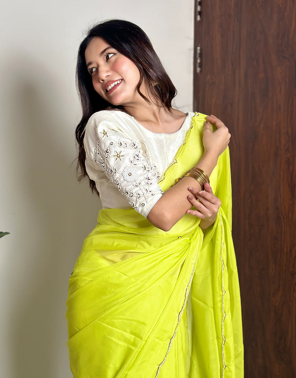 Chartreuse Yellow Soft Organza Saree With Hand Work On Blouse