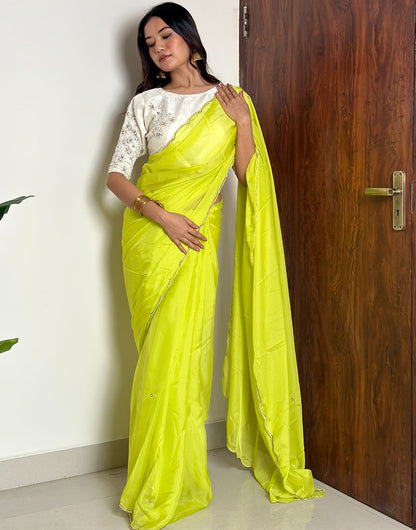 Chartreuse Yellow Soft Organza Saree With Hand Work On Blouse