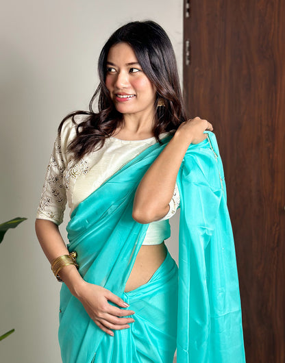 Tiffany Blue Soft Organza Saree With Hand Work On Blouse