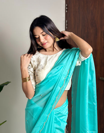 Tiffany Blue Soft Organza Saree With Hand Work On Blouse