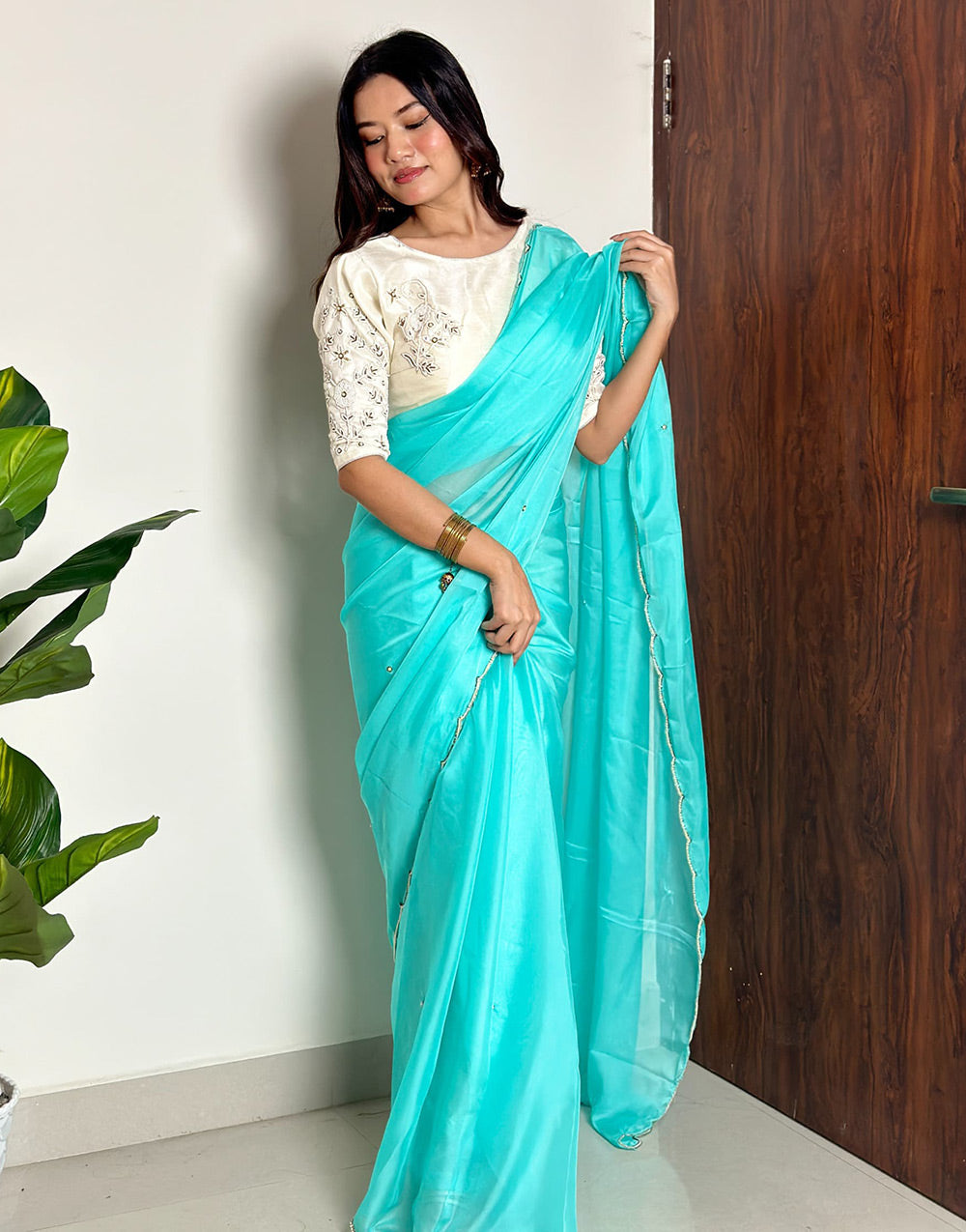 Tiffany Blue Soft Organza Saree With Hand Work On Blouse