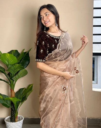 Beige Organza Saree With Embroidery Butta Work