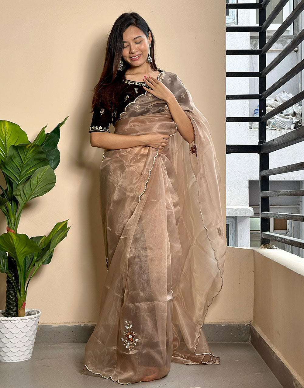 Beige Organza Saree With Embroidery Butta Work