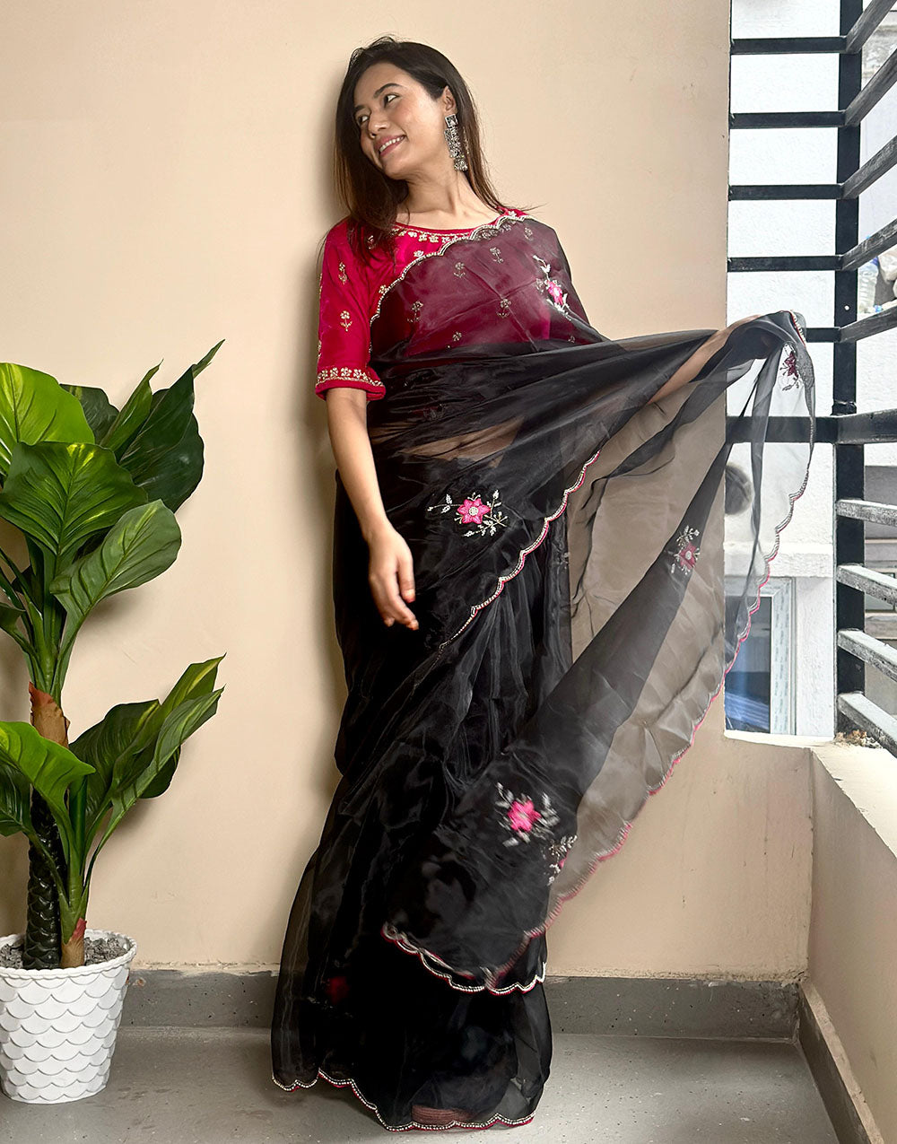 Black Organza Saree With Embroidery Butta Work