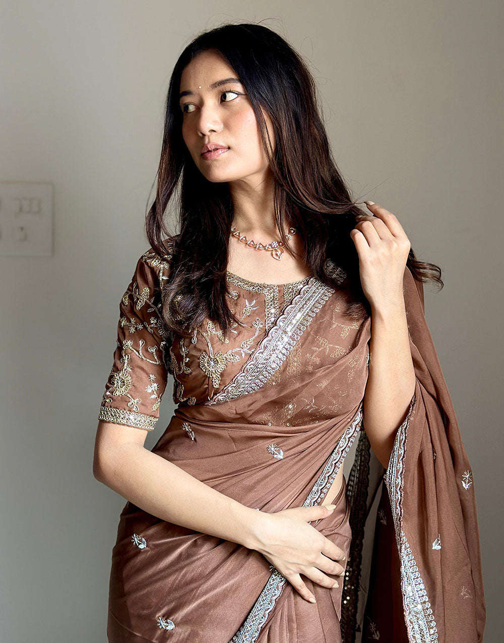 Russet Brown Soft Organza Saree With Embroidery & Sequence Work