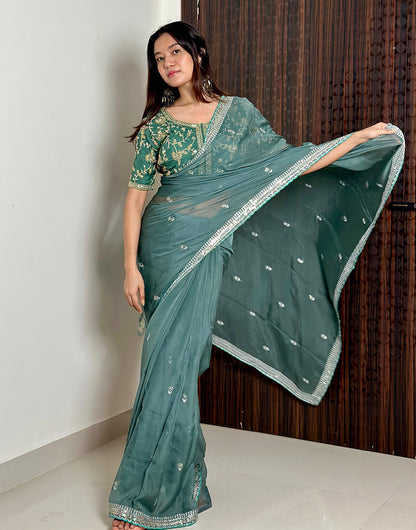 Caribbean Green Soft Organza Saree With Embroidery & Sequence Work