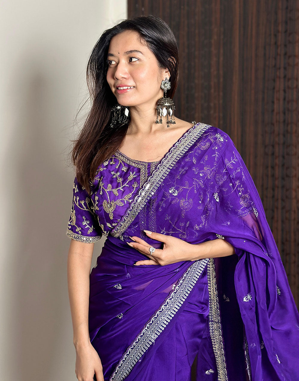 Purple Soft Organza Saree With Embroidery & Sequence Work