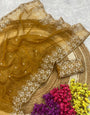 Ochre Yellow Organza Saree With Embroidery Thread Work