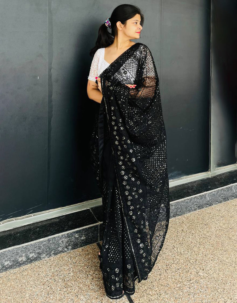 Black Organza saree With Embroidery Thread & Sequence Work – Sareewave