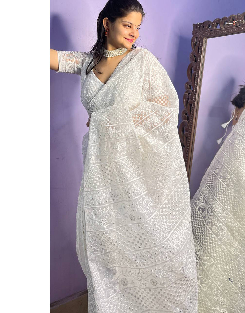 White Organza Saree With Embroidery Thread & Sequence Work