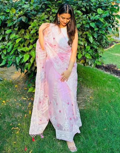 Light Pink Organza Saree With Embroidery Work