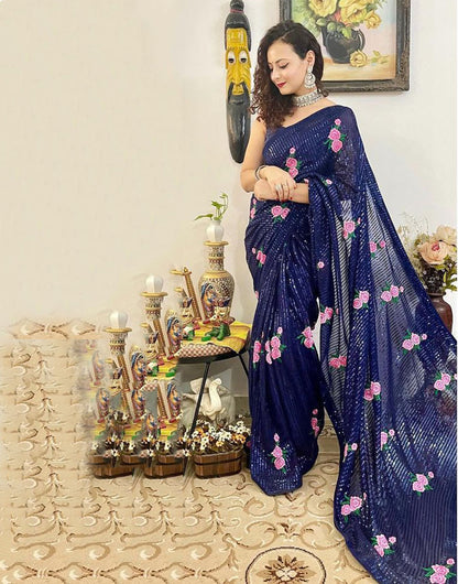 Navy Blue Georgette Saree With Sequence Work