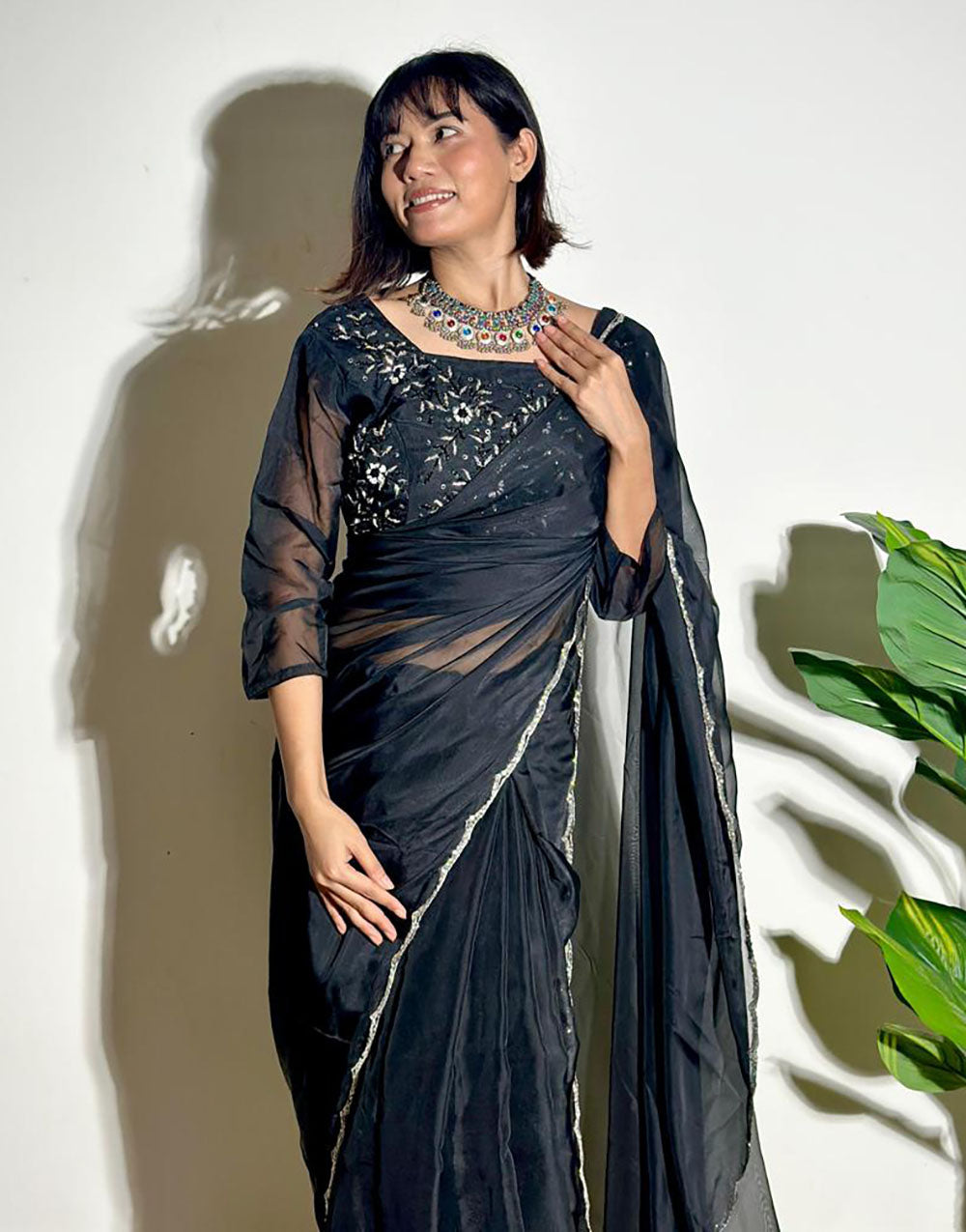 Black Soft Organza Saree With Embroidery Arco Cutwork Border