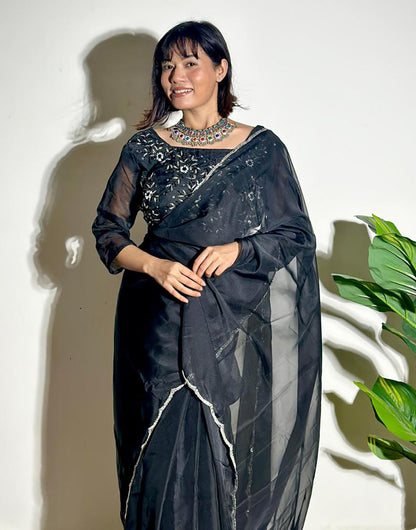 Black Soft Organza Saree With Embroidery Arco Cutwork Border