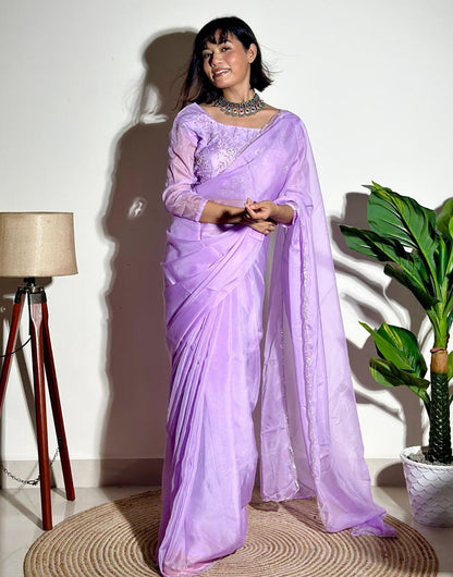 Lavender Soft Organza Saree With Embroidery Arco Cutwork Border