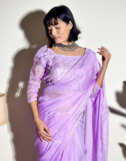 Lavender Soft Organza Saree With Embroidery Arco Cutwork Border