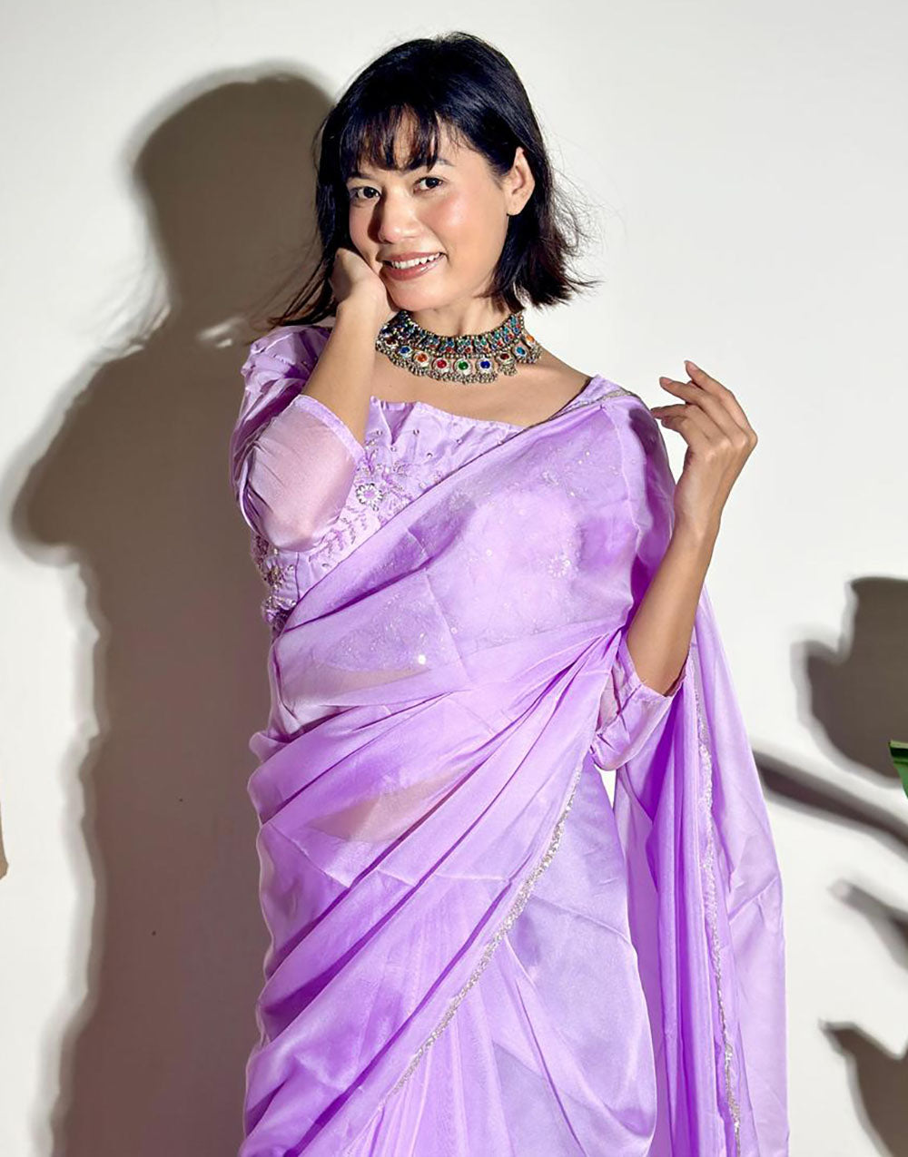 Lavender Soft Organza Saree With Embroidery Arco Cutwork Border