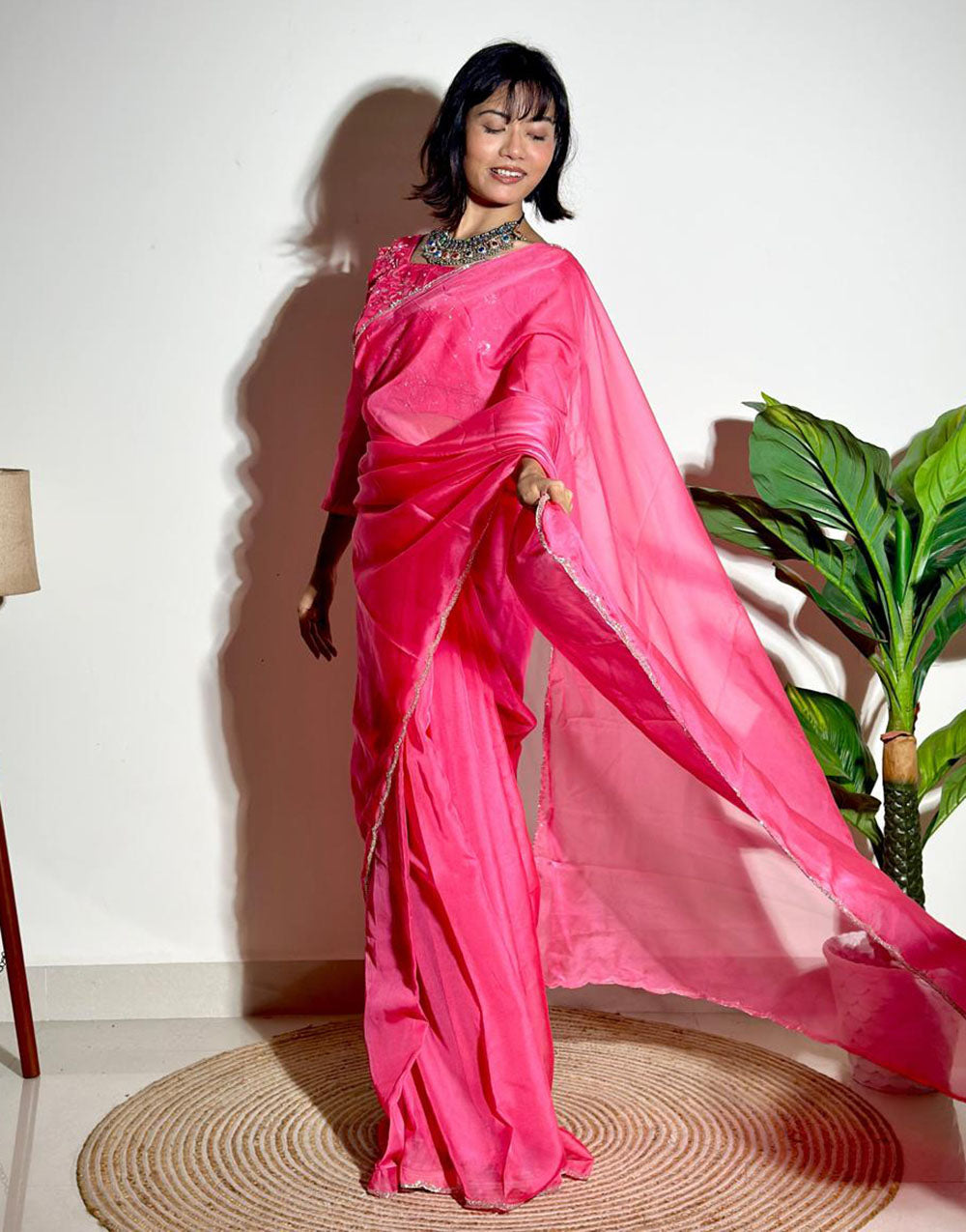 Watermelon Pink Soft Organza Saree With Embroidery Arco Cutwork Border