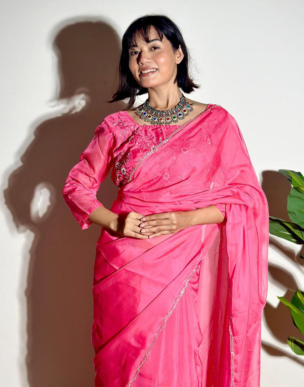 Watermelon Pink Soft Organza Saree With Embroidery Arco Cutwork Border