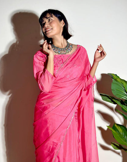 Watermelon Pink Soft Organza Saree With Embroidery Arco Cutwork Border