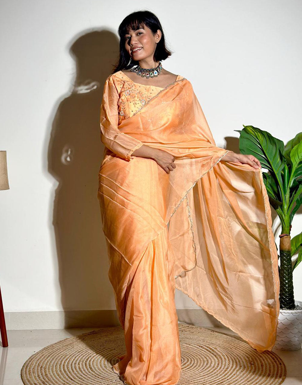 Peach Soft Organza Saree With Embroidery Arco Cutwork Border