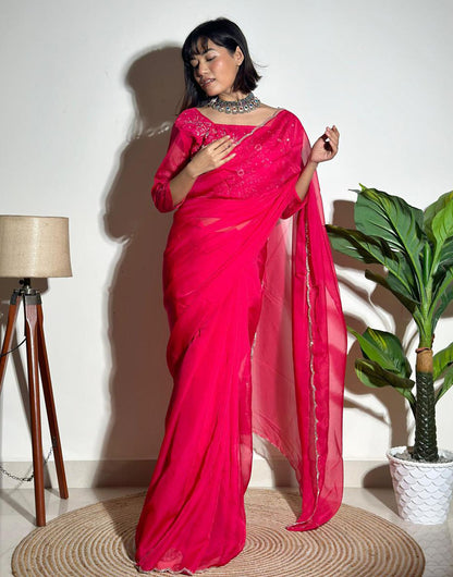 Rani Pink Soft Organza Saree With Embroidery Arco Cutwork Border