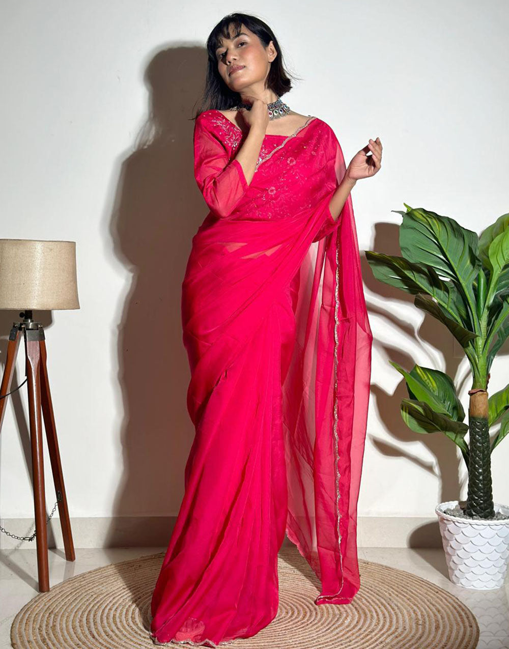 Rani Pink Soft Organza Saree With Embroidery Arco Cutwork Border