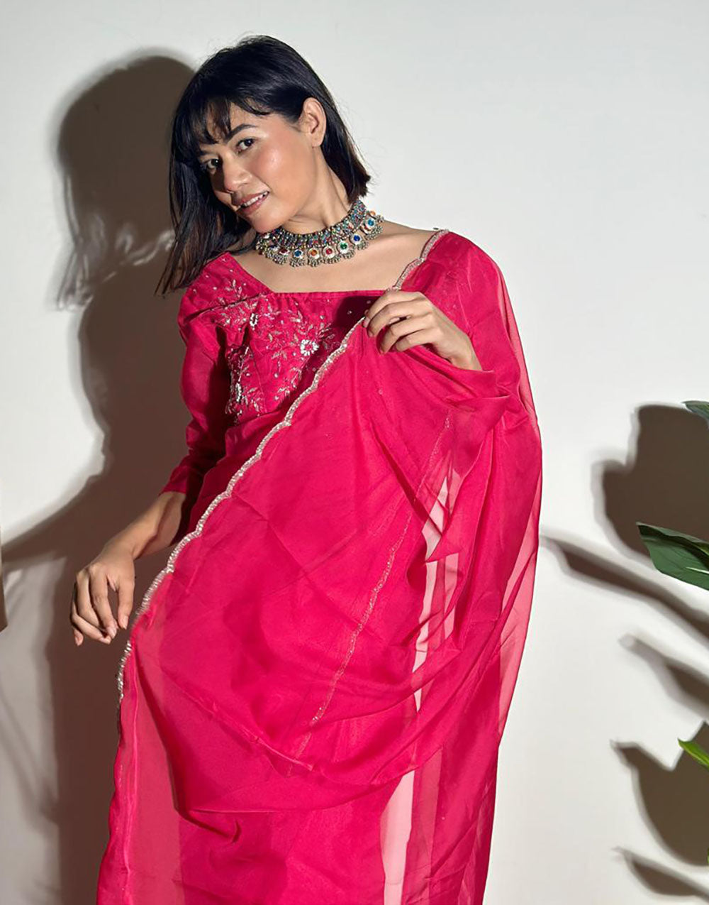 Rani Pink Soft Organza Saree With Embroidery Arco Cutwork Border