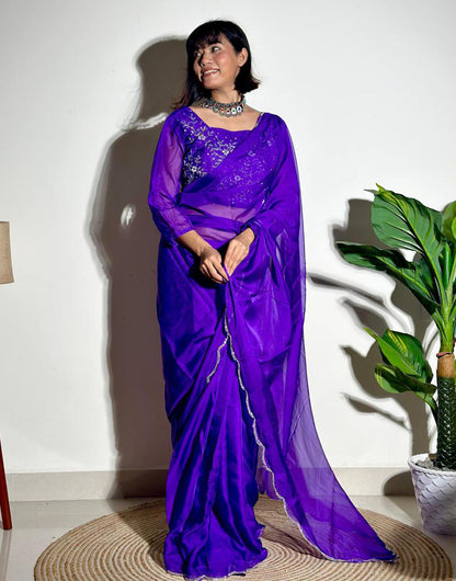 Purple Soft Organza Saree With Embroidery Arco Cutwork Border