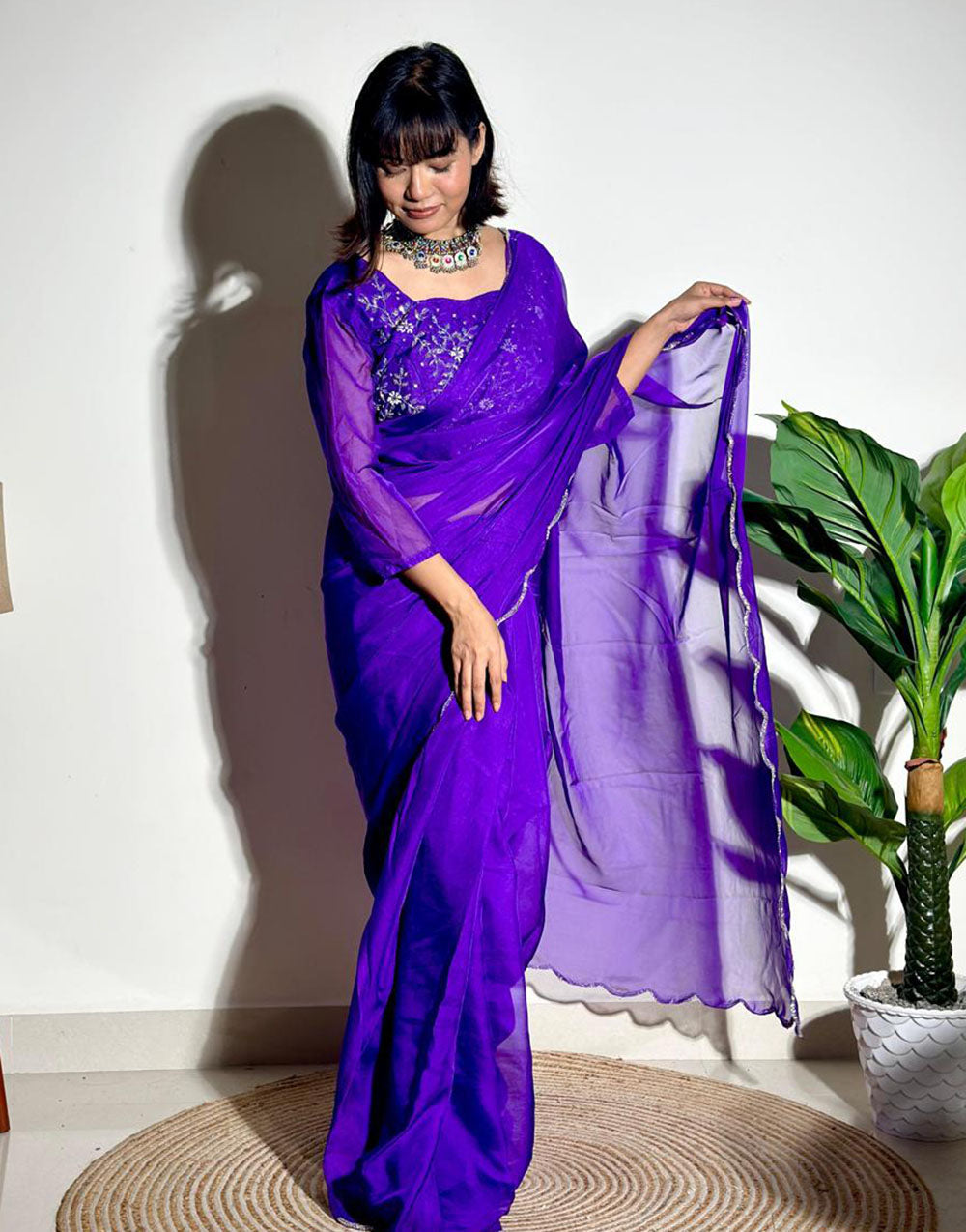 Purple Soft Organza Saree With Embroidery Arco Cutwork Border