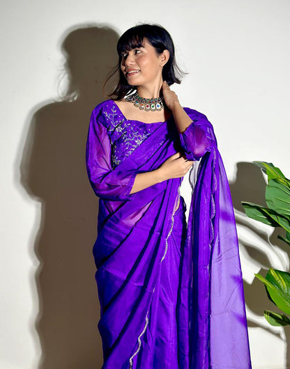 Purple Soft Organza Saree With Embroidery Arco Cutwork Border