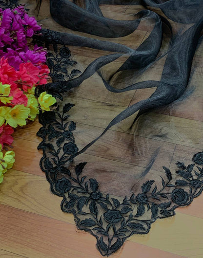 Black Organza With Embroidery Thread & Cut Work Saree