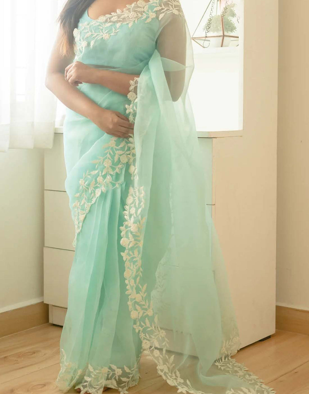 Sea Green Organza With Embroidery Thread & Cut Work Saree