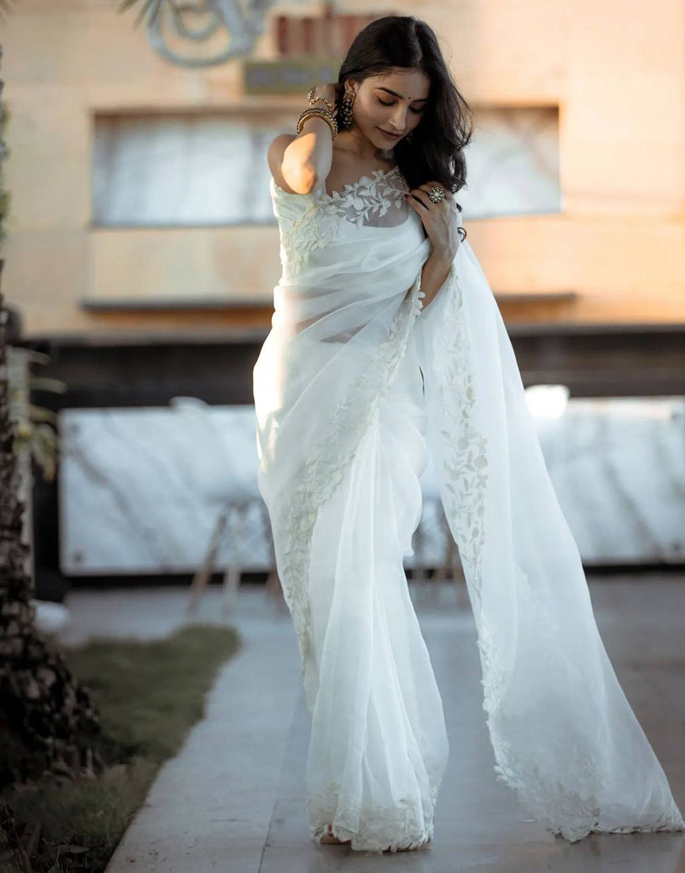 White Organza With Embroidery Thread & Cut Work Saree