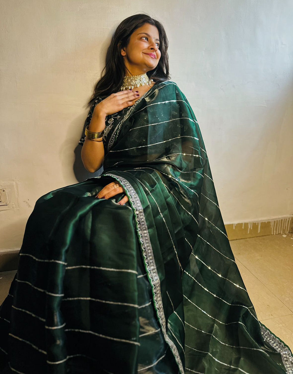Dark Green Organza Saree With Embroidery & Sequence Work