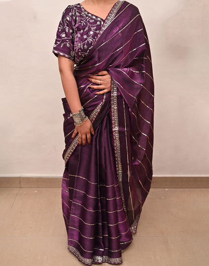 Wine Organza Saree With Embroidery & Sequence Work