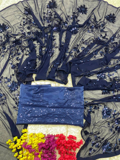 Navy Blue Georgette Saree Embroidery Work