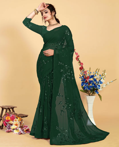 Dark Green Georgette Embroidery & Sequence Saree