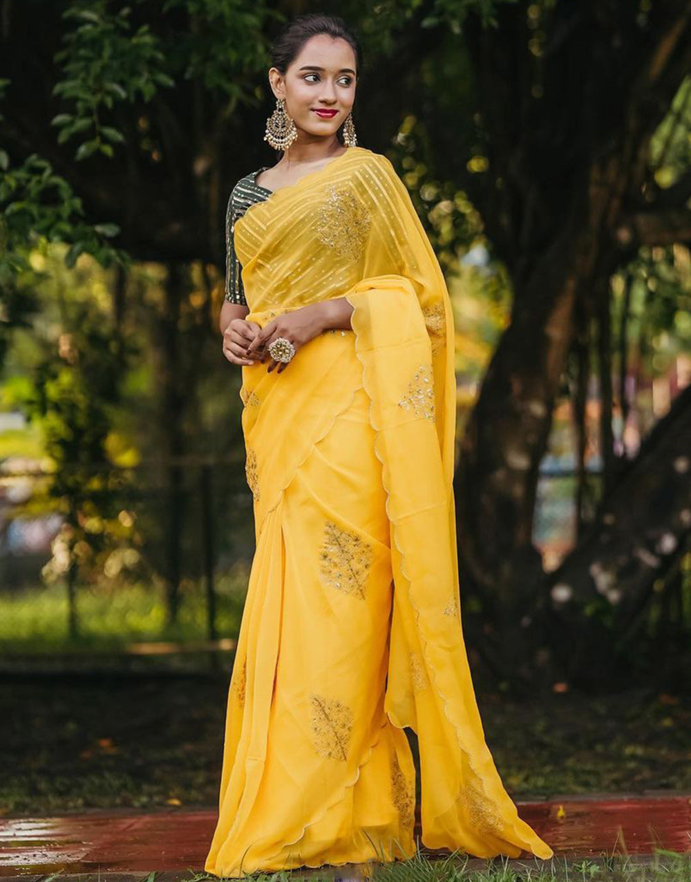 Yellow Organza Saree With Sequence & Embroidery Work