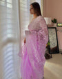 Lavender Organza Saree With Embroidery Thread With Cut Work