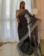 Black Organza Saree With Embroidery Thread With Cut Work