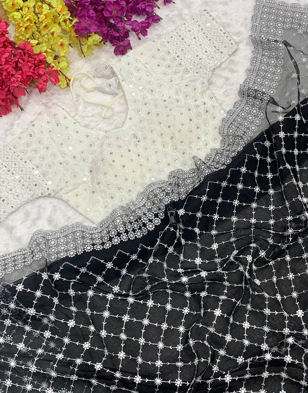 Black Organza Saree With Embroidery Thread With Cut Work