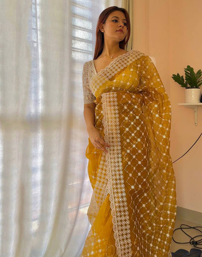 Mustard Yellow Organza Saree With Embroidery Thread With Cut Work