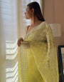 Lemon Yellow Organza Saree With Embroidery Thread With Cut Work