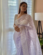 Light Lavender Organza Saree With Embroidery Thread With Cut Work