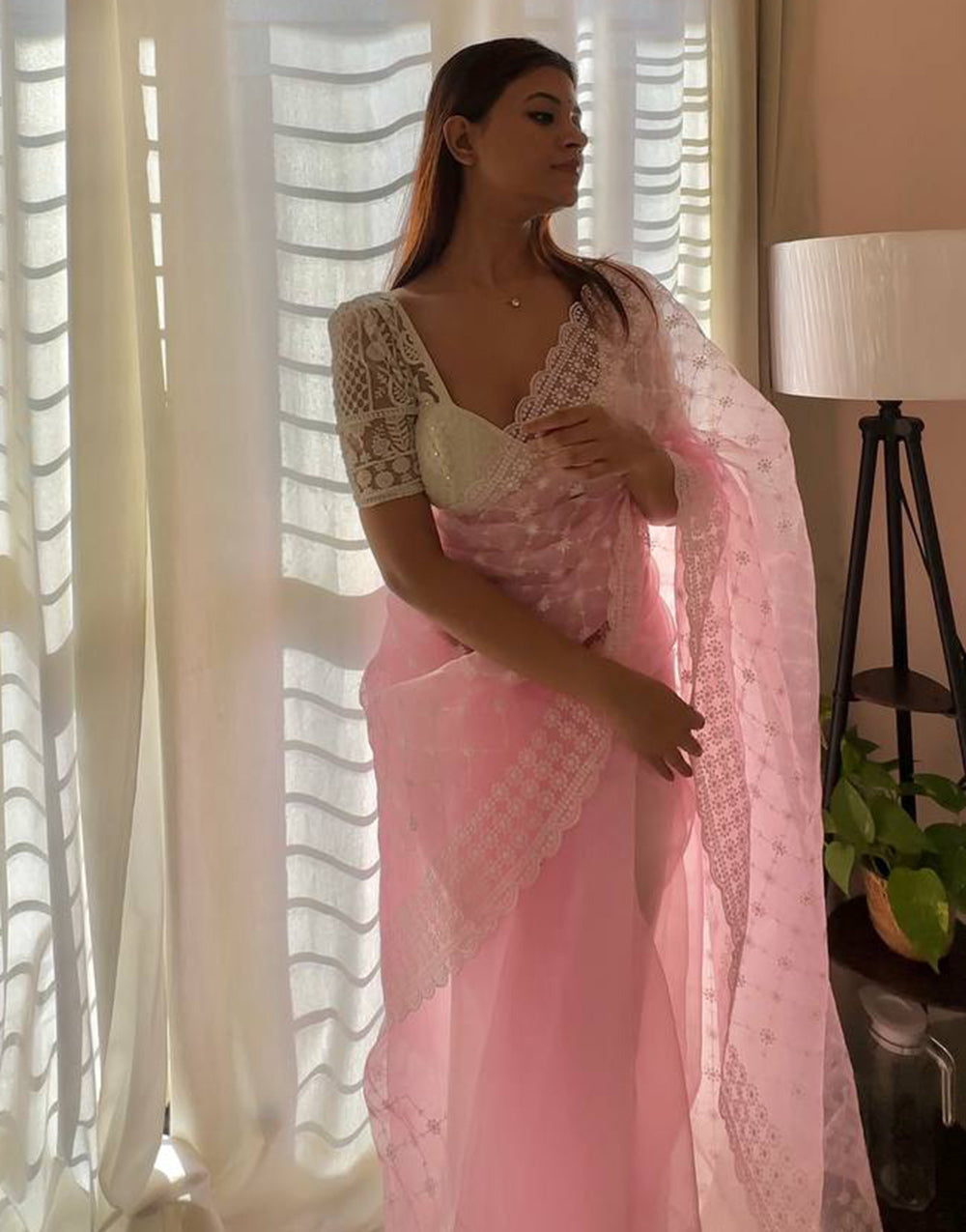 Light Pink Organza Saree With Embroidery Thread With Cut Work