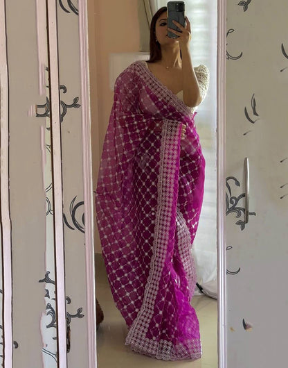 Magenta Organza Saree With Embroidery Thread With Cut Work