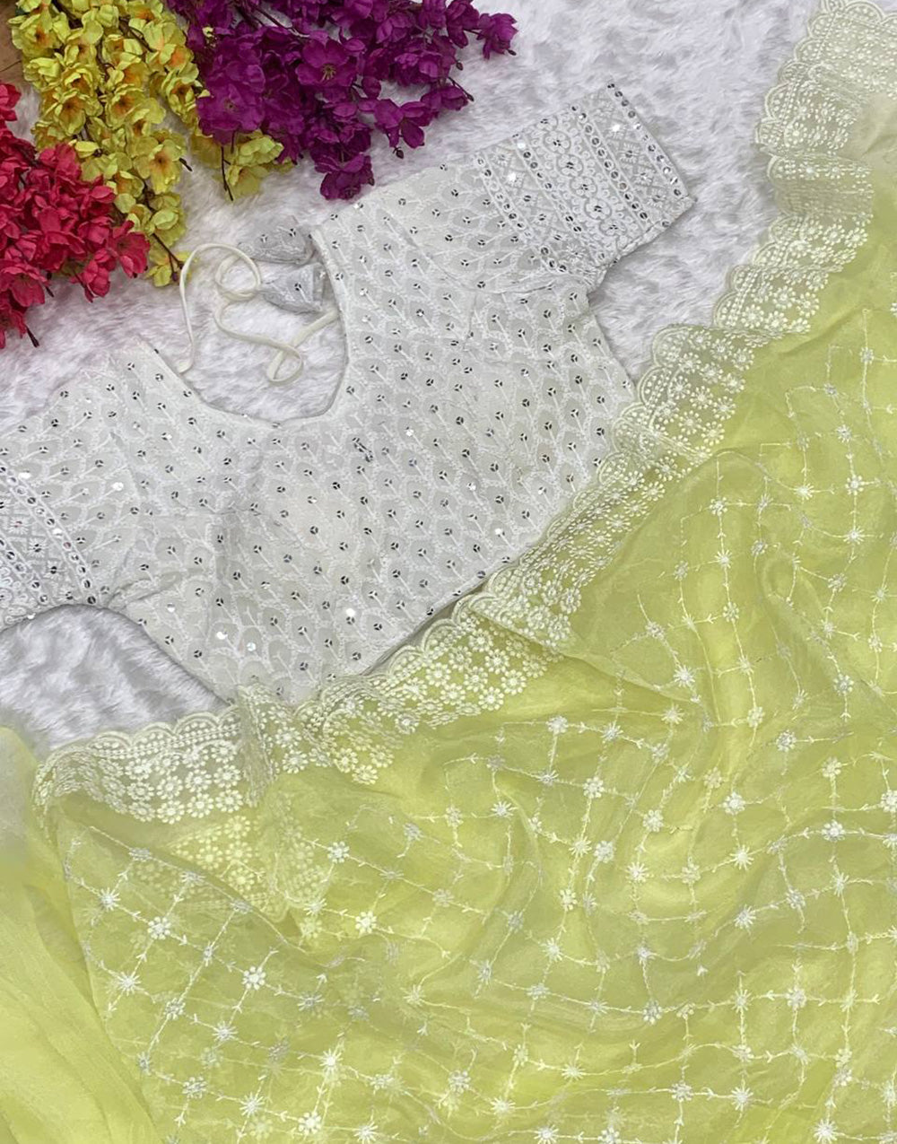 Lemon Yellow Organza Saree With Embroidery Thread With Cut Work