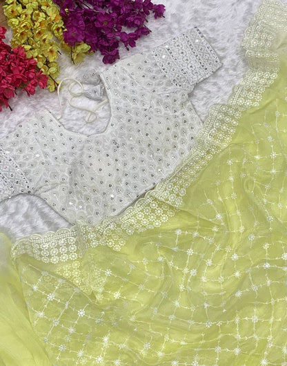 Lemon Yellow Organza Saree With Embroidery Thread With Cut Work